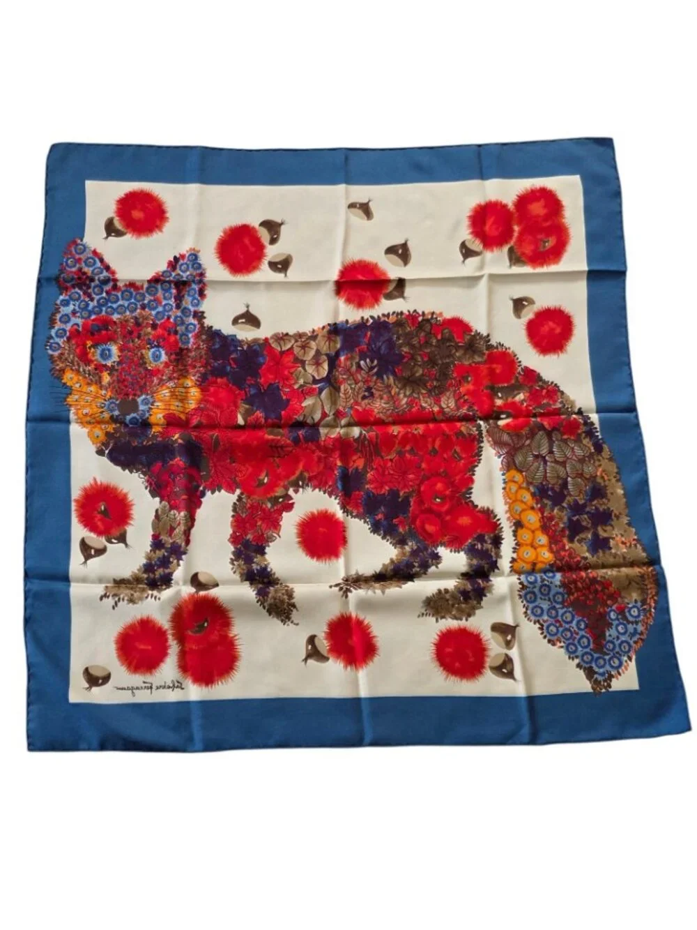 Vtg Salvatore Ferragamo Fox Silk Floral Print Hand Rolled Scarf